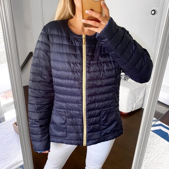 💙 LILLY PULITZER 2-in-1 NAVY PINK REVERSIBLE PUFFER JACKET down father XL Floral - Picture 15 of 16